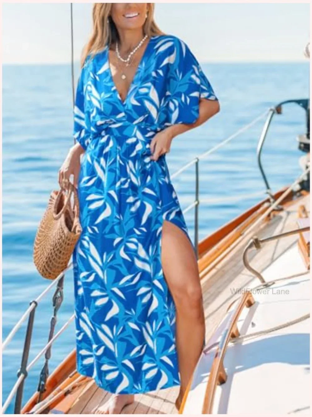 Bohemian Maxi Dress V Neck Smocked Empire Waist Slit Flowy Dress with Pockets - Picture 4 of 6